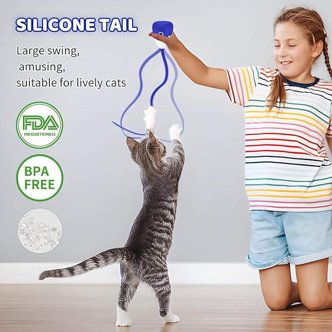 Cat Toys Rechargeable Plush Cat Wand Toy with Silicone Teaser Tail, Electronic Cat Toys Interactive for Indoor Cats/Kittens, Automatic Exercise Cat Toy - Navyblue
