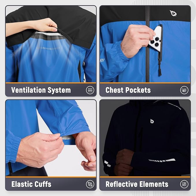 baleaf Men's Rain Jacket Waterproof Windbreaker Running Cycling Golf Hiking Gear Hood Lightweight Reflective Packable