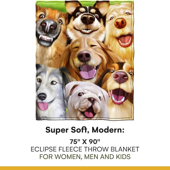 Dawhud Direct Cartoon Selfie Dog Fleece Blanket for Bed 75" x 90" Queen Size Puppy Fleece Throw Blanket for Women, Men and Kids, Super Soft Plush Dog Blanket Throw for Winter