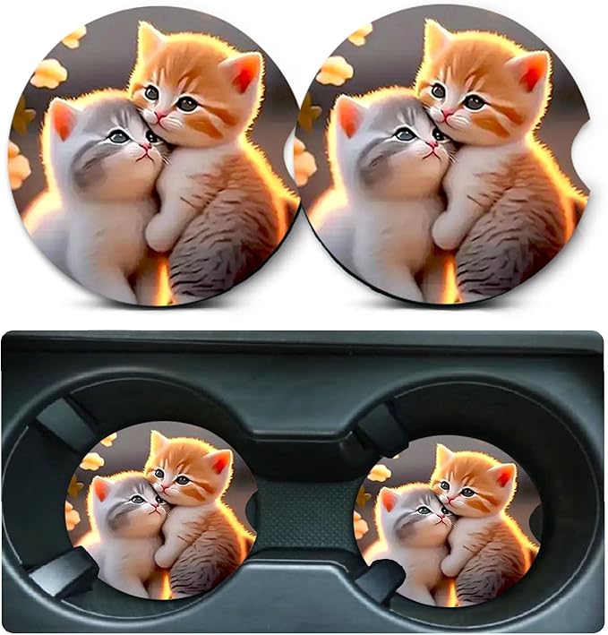 Car Coasters for Cup Holders,2 Pack Two Cat Car Coasters,2.75" Universal Size Anti Slip Rubber Mat,Automotive Cup Holder Decal Decor Accessories,Gifts for Cat Lovers for Women,Men,Mom