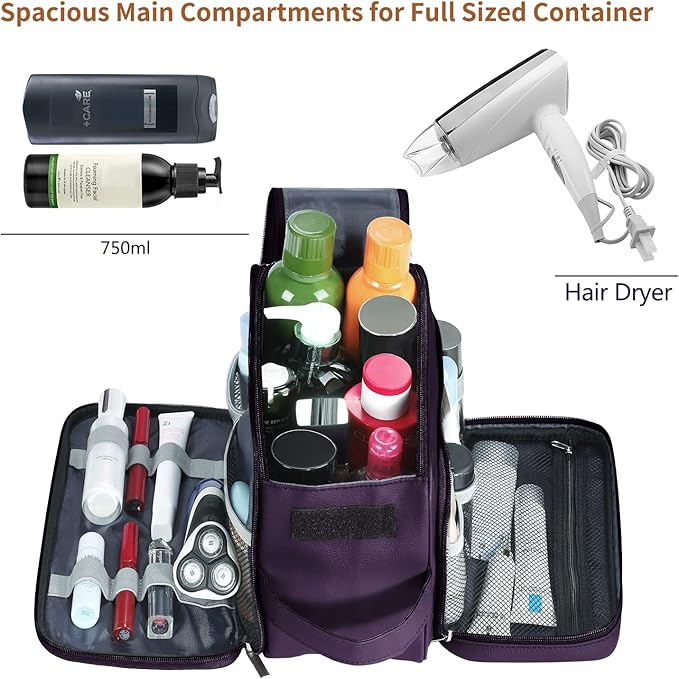 Buruis Extra Large Toiletry Bag for Men & Women, Travel Toiletry Organizer Dopp Kit Water-resistant Shaving Bags, PU Leather Cosmetic Bathroom Shower Bag for Toiletries, Accessories (Purple)