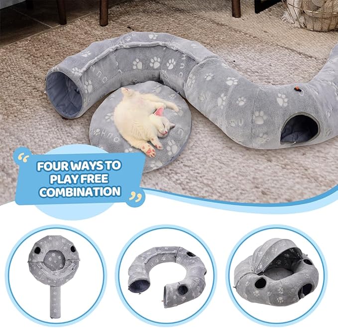 Cat Tunnel Bed with Plush Cover, Cat Tunnels for Indoor Cats, Cat Donut Tunnel with 4 Fluffy Toy Balls, Self-Luminous Cat Tube, Peekaboo Cat Cave for Kittens, Rabbits and Large Pets