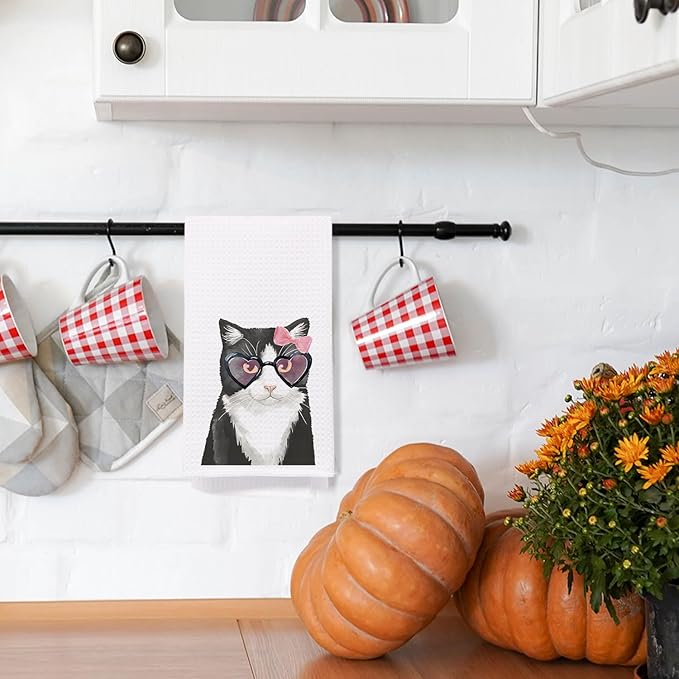 SPBL&L Cat Bow Dish & Hand Towels, 16x24 inches - Pink, Black - Bathroom & Kitchen Decor, Cat Gifts