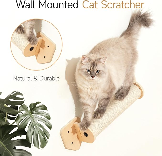 MEWOOFUN Cat Scratching Post, 22.8'' x 5.1'' Cat Wall Furniture, Wooden Sisal Cat Scratchers for Indoor Cats, Wall Mounted Tall Cat Scratching Post for Multi-Functions