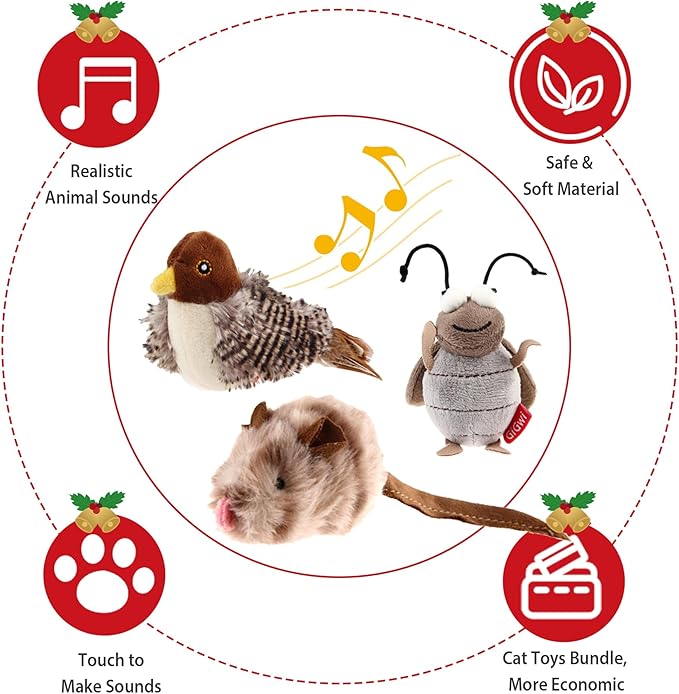 Gigwi Automatic Cat Toys Pack, Interactive Cat Toys Electronic Squeaky Animals Bird/Cricket/Mouse Sounds, Plush Toys for Cats to Play Alone, Play and Squeak Cat Toys for Indoor Cats Boredom,3 Pcs