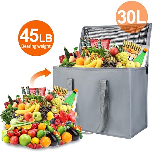 Bodaon 10-Pack Insulated Reusable Grocery Shopping Bags, X-Large Picnic Cooler Bag Zipper/Zippered Top Cold, Insulated Food/Pizza Delivery Bag, Commercial Food Warmers Thermal, Grey