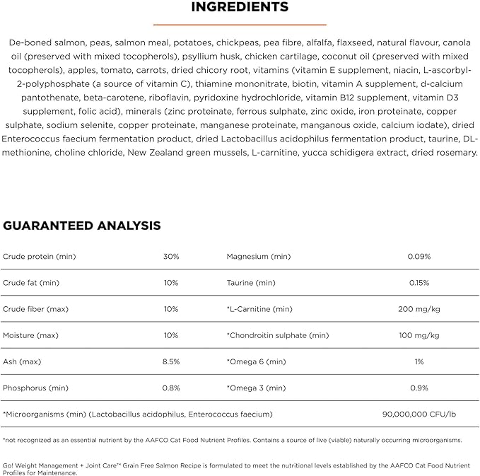 Go! Solutions Weight Management + Joint Care, Grain-Free Dry Cat Food, Salmon Recipe, 3 lb Bag