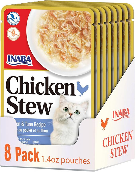 Inaba Chicken Stew Side Dish/Complement/Dry Cat Food Topper/Treat for Cats with Vitamin E, Eight 1.4 Ounce Pouches