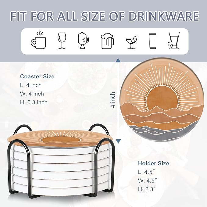 6 Pcs Coasters for Drinks with Holder, Boho Mountain Sun Absorbent Ceramic Coasters with Cork Base,Cute Funny Table Drinks Coasters Tabletop Protection Mat,Table Home Decor,4 Inches