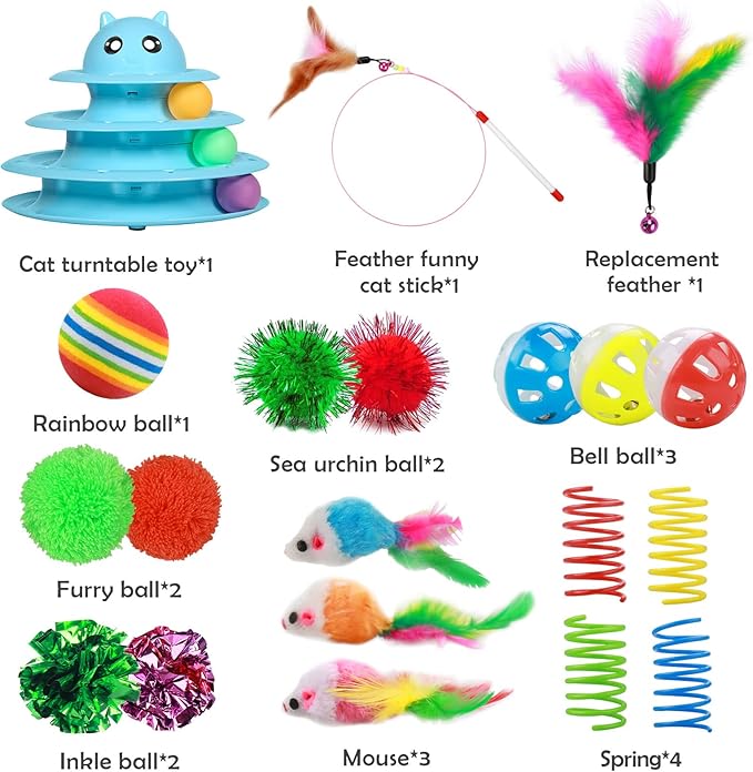 UPSKY 20 PCS Cat Toys, Cat Roller Toy 3-Level Turntable Cat Toys Balls for Indoor Cats, Kitten Toys Set with Cat Teaser Toys, Mice Toys, Spring Toys, and Various Ball Toys