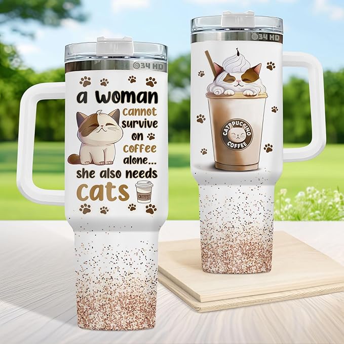 34HD Cat Lady Tumbler with Lid & Straw, 40oz Stainless Steel Vacuum Insulated Coffee Mug with Cats, Cute Kitty Gifts for Her Women, Cat Mom Gifts for Birthday Mothers Day Christmas