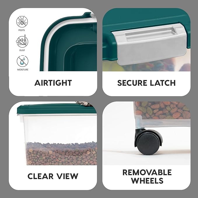 Remington 2 Piece Clear Plastic Food Storage Container | 30 lbs, 11 lbs | Airtight, Stackable, Wheels | Food Storage, Treat Box | 2-Cup Scoop