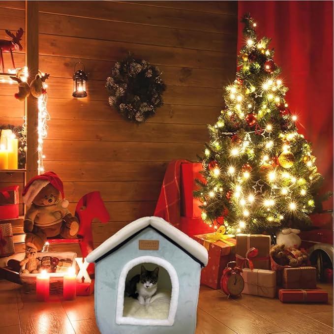 Christmas Cat Bed for Indoor Cats Plaid Christmas Cat Tent Cat Bed Cave for Pets Cats and Dogs (Light Green-S(15.7 X 12.6 X 13.8 Inch))