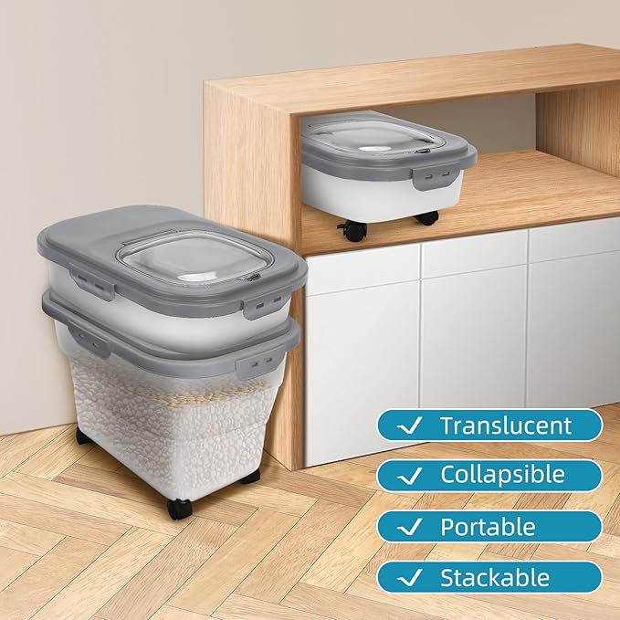 Pet Food Container, Collapsible Dog Food Storage Container with Detachable Casters & Airtight Lid for Keeping Dry Kibbles, With Dog Food Scoop and Measuaring Cups