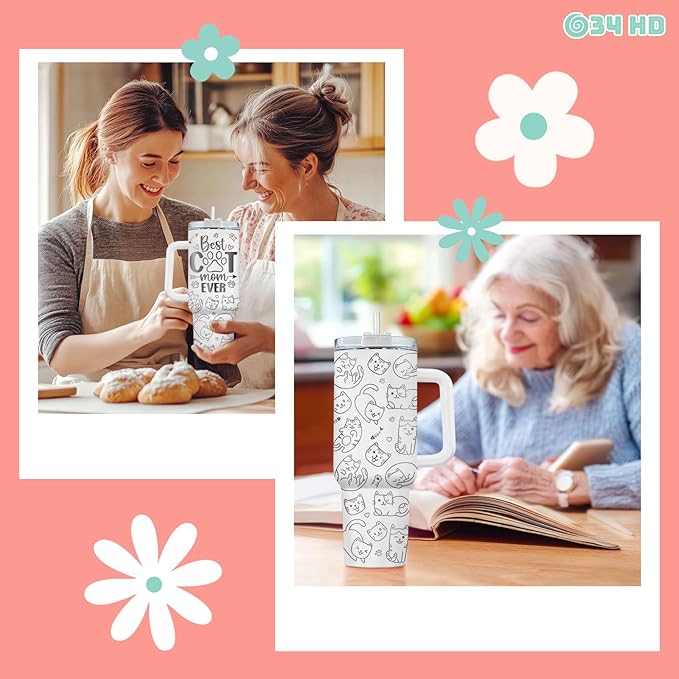 34HD Funny Cat Mom Tumbler with Handle and Straw, 40oz Double Wall Vacuum Insulated Kitty Mug, Pet Owner Gifts for Women, Cat Mom Gifts for Birthday Mothers Day Halloween Christmas