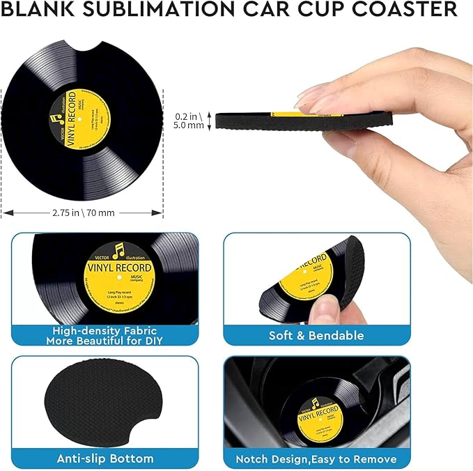 Car Coasters for Cup Holders,2 Pack Retro Vinyl Record Car Coasters,2.75" Universal Size Anti Slip Rubber Mat,Automotive Cup Holder Decal Decor Accessories,Gifts for Women,Men,Mom
