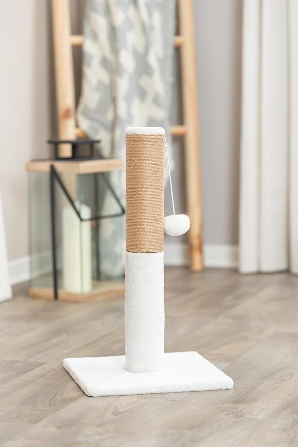 TRIXIE Ella 20.5" Cat Scratching Post, Sisal Cat Scratcher with Hanging Cat Toy, Plush Base, White & Brown