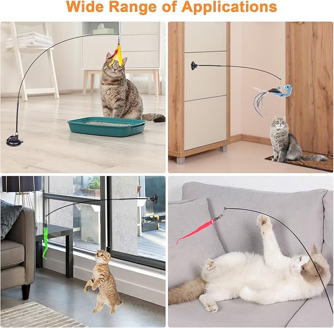 Cat Feather Toys, 10PCS Cat Toys with Super Suction Cup, Detachable 2PCS Cat Wand Toys & 6PCS Replacement Teaser Refills with Bell, Interactive Cat Toy for Indoor Cats Kitten Play Exercise