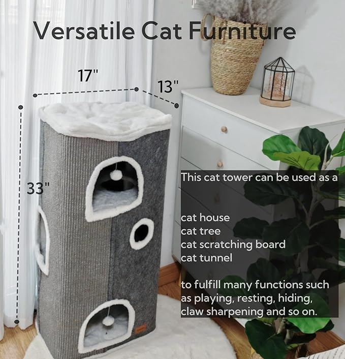 4-Level Cat House for Indoor Cats, Large Adult Cat Cave Bed Cats Cube House with Scratch Pad Cat Towers, Cute Kitten Condo Hideaway Hut with Soft Pillow Mat for Multi Pets Under 55 lbs