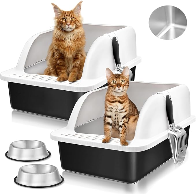 2 Pack XL Stainless Steel Litter Box Enclosure with Lid, Stainless Steel Cat Litter Pan for Big Cats, Large Metal Litter Box with High Wall, Easy Cleaning White Cover(Black Coated)