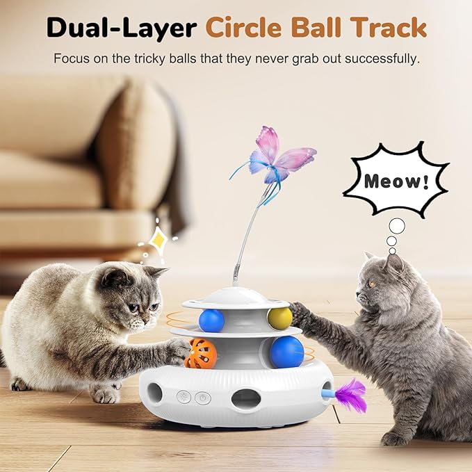 Cat Toys, 4-in-1 Rechargeable Automatic Interactive Cat Toy with Fluttering Butterfly, Random Moving Ambush Feather, Two-Tier Track Balls, 5H Smart Standby, Touch-Activated (White)