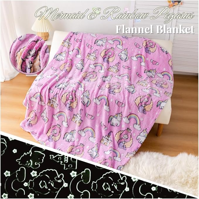 Mermaid Princess Pattern Blanket, Unicorn Blanket Glow in The Dark, 50" x 60", Pink