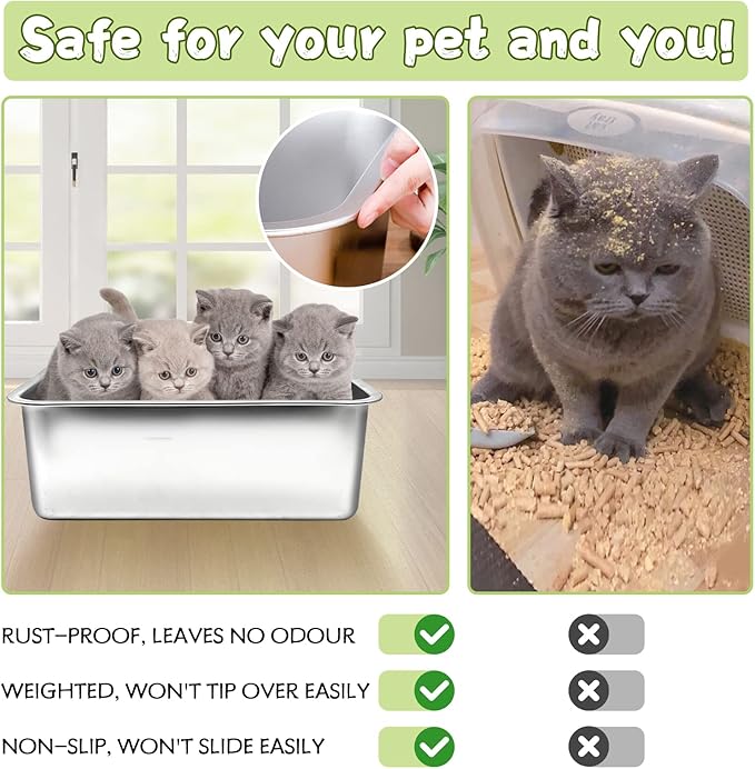 BNOSDM Stainless Steel Litter Box 2 Pack Medium Metal Cat Litter Boxes Odor Control Non Stick Pet Toilet Pan with Non-Slip Feet Mats and Litter Scoop for Cats Kittens Rabbits (17.7x13.8x6 Inches)