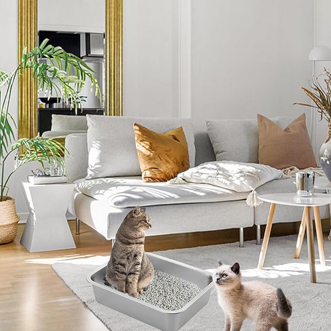 2 Pack Stainless Steel Cat Litter Box with High Sides, Metal Litter Box Non Stick Litter Pan and Pet Toilet for Cats, Kitten, Rabbits, 17.5 x 13.5 x 6 Inch