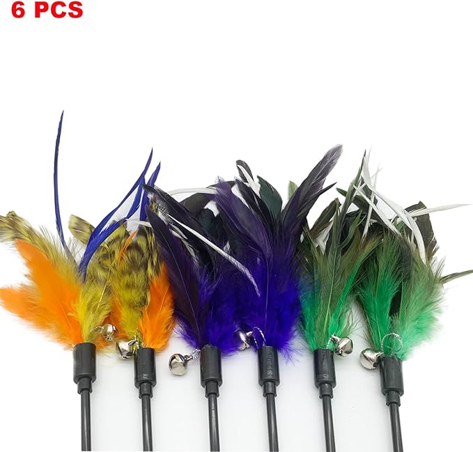 Cat Wand Toy Feather Stick Cat Toys, 6 PCS Cat Toy Feather Wand for Indoor Cats Play Exercise