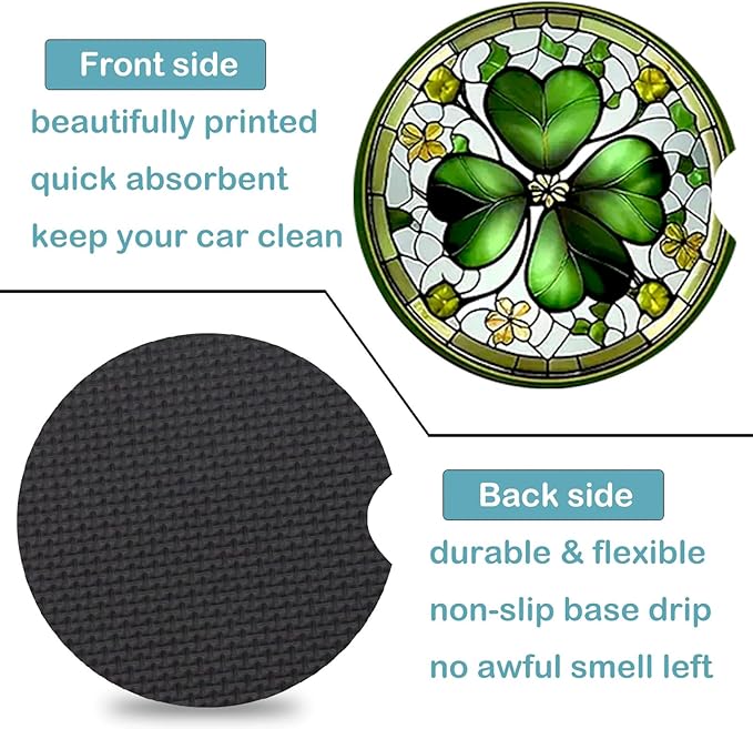 Car Coasters for Cup Holders,2 Pack Four Leaf Clover Car Coasters,2.75" Universal Size Anti Slip Rubber Mat,Automotive Cup Holder Decal Decor Accessories,Four Leaf Clover Gifts for Women,Men,Mom