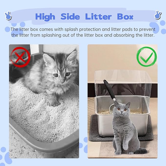 2 Sets Stainless Steel Cat Litter Box with High Sides Cat Litter Tray, Metal Cat Litter Pans with Plastic Shield Easy to Clean Cat Litter Scoops Cat Litter Mats 17.7x13.8x5.9inch