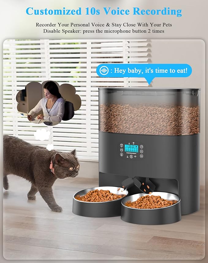HoneyGuaridan 6L Automatic Cat Feeder for 2 Cats, 2.4G WiFi Enabled Smart Feed Automatic Pet Feeder for Cats & Dogs, Timed Pet Food Dispenser with Stainless Steel Bowl APP Control, 10s Voice Recorder