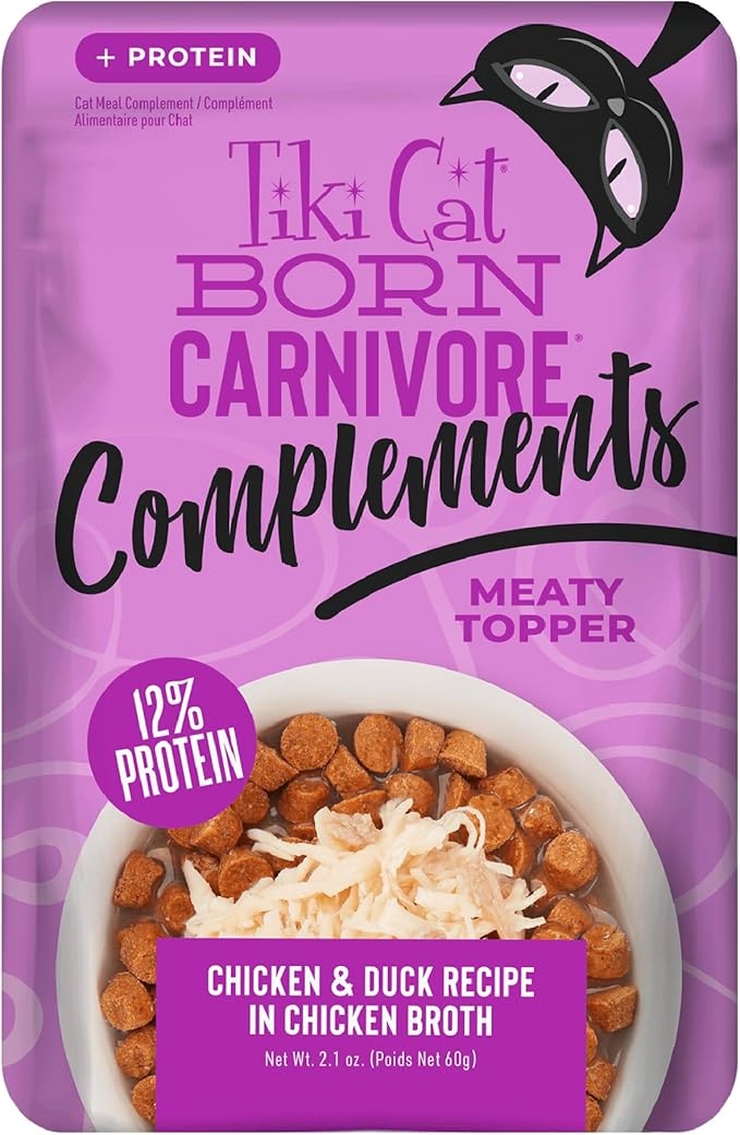 Tiki Cat Born Carnivore Complements Wet Cat Food Topper, Chicken & Duck 2.1 oz. Pouch (12 Count)