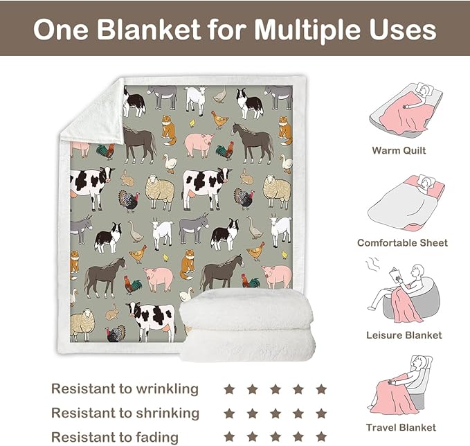 Sleepwish Farm Animals Fleece Blanket for Couch: Soft Sherpa Blanket for Animal Lovers - Cow Print Throw Blanket (50" X 60")