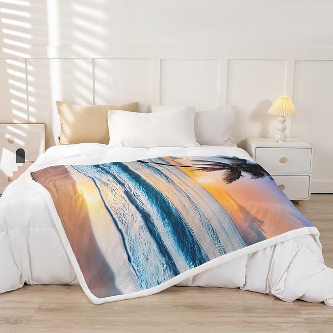 Ocean Wave Fleece Throw Blanket for Bed Sofa Couch Summer Sea Beach Sherpa Blanket Hawaiian Tropical Palm Tree Printed Bedding Cover Microfiber Comforter Cover Sunset 40"x50"