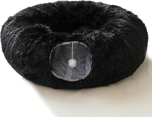 HIPIPET Winter Plush Cat Tunnel with Cat Bed for Indoor Cats,Multifunctional Cat Toys for Small Medium Large Cat. (Black)