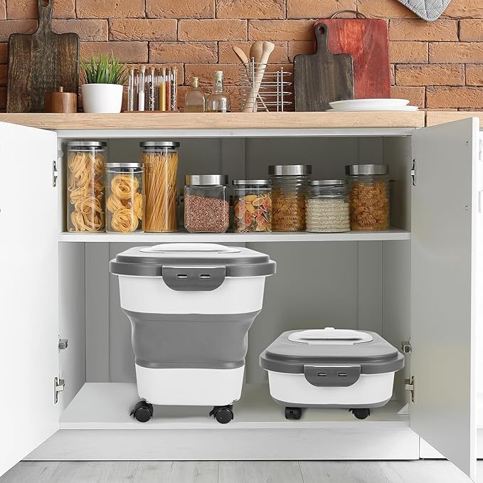 Dog Food Storage Containers 2 PCS(15/20 LB) Collapsible Dog Food Storage Container - with Measuring Cup &Scoop for Dog/Cat Food， (grey+grey)