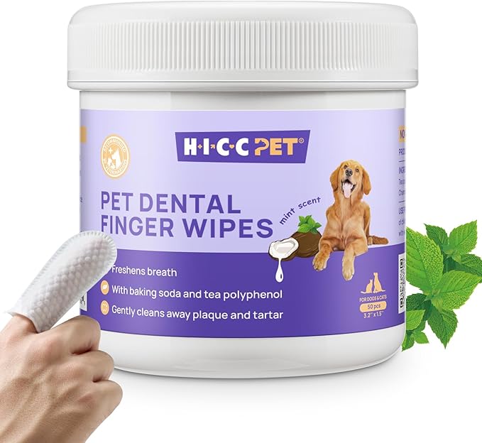 HICC PET Teeth Cleaning Wipes for Dogs & Cats, Remove Bad Breath by Removing Plaque and Tartar Buildup, Disposable Dog Finger Toothbrush Gentle Pet Dental Care Wipes, 50 Counts, (Mint Scent)