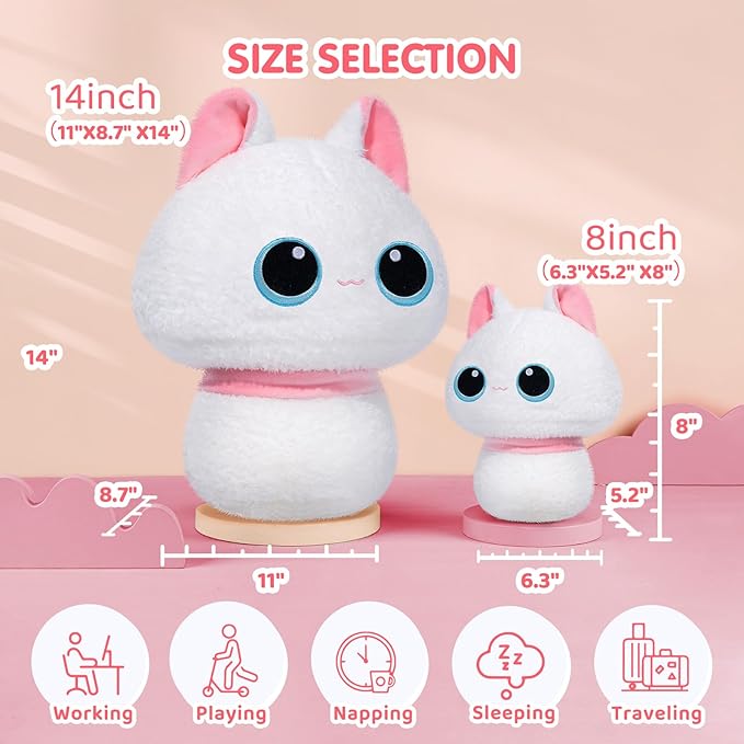Squishy Cloud-Like Softness, Trending Kawaii White Cat Mushroom Plush Pillow, A Must-Have Collectible for Young Adults, Perfect for Kids, Toddlers Girls, Stuffed Animal Decor (8")