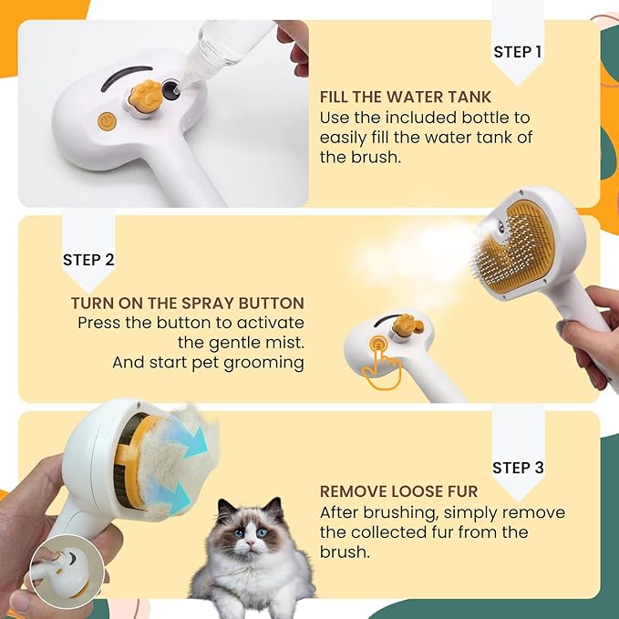 2025 Pet Grooming Brush with Spray for Cats & Dogs; Water/Mist/Steam Brush for Cat & Dog; 4in1: Self Cleaning, Anti Static Shedding Spray Comb, Hair Removal, Misting Indoor Steamy Grooming Brush
