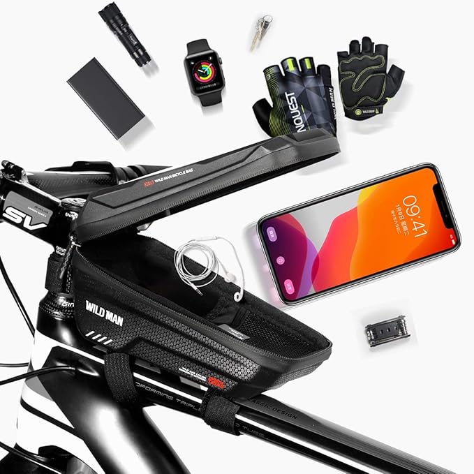 Bike Frame Bag, Waterproof Bicycle Front Top Tube Pouch Pannier Bike Phone Mount Holder Handlebar Bag Cycling Crossbar Storage Bags with Touch Screen for iPhone 12 11 Pro Max Smartphone up to 6.7''