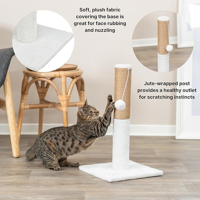 TRIXIE Ella 20.5" Cat Scratching Post, Sisal Cat Scratcher with Hanging Cat Toy, Plush Base, White & Brown