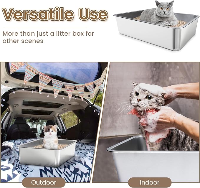 2 Pack 23.6"x16"x 6" Extra Large Stainless Steel Litter Box, XL Cat Litter Box with High Sides for Big Cat & Multiple Cats, Metal Cat Litter Pan Tray, Easy to Clean, Non-Stick, Rust Proof