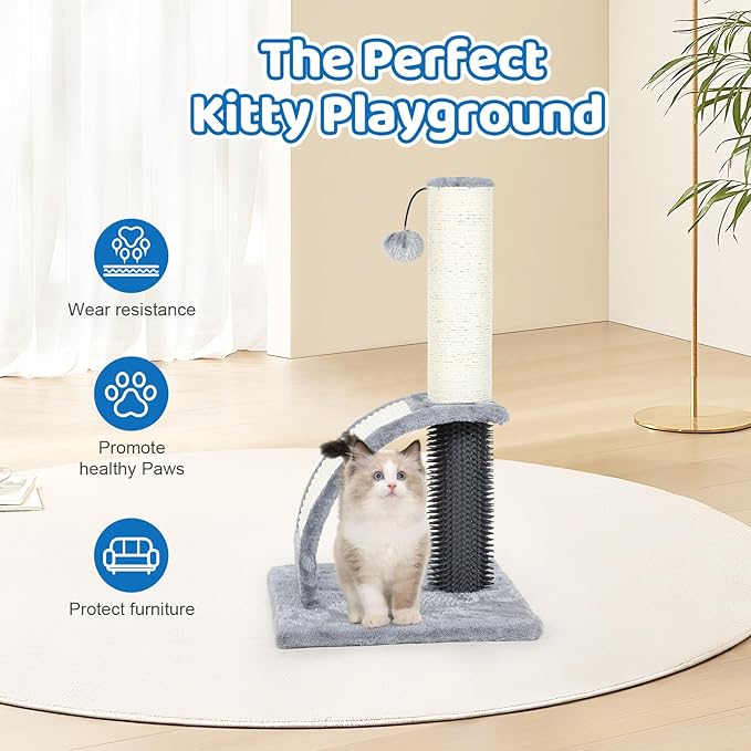 Tall Cat Scratching Post with Groomer, 19.6" Scratching Post with Wood Frame, Stable Sisal Cat Post with Extra Interactive Dangling Plush Toy,Protect Furniture