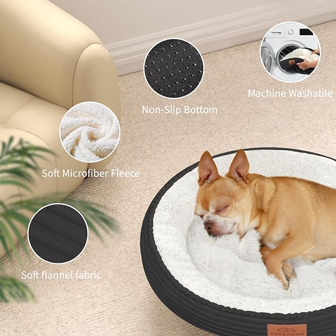 30in Round Cat Dog Bed for Large Medium Small Dogs Cats, Machine Washable Sleeping Sofa, Non-Slip Bottom Breathable Soft Calming Pet Cuddler for Indoor/Outdoor/Car/Cage, Dark Grey