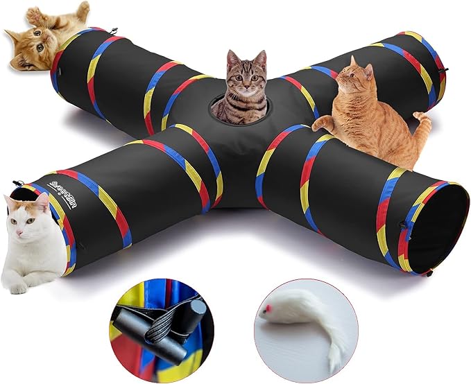 4 Way Large Cat Tunnels for Indoor Cats - 10" Diameter & 47" Long Cat Play Tunnel Toy - Cat Tube with Play Ball & Mouse Toy - Interactive Peephole (Black)