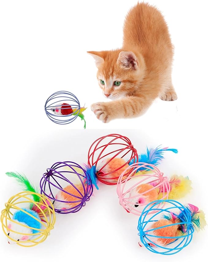 Cat Interactive Toys, Metal Cage with Colourful Plush Mouse Toys, Kitten Teething Toys, Cat Chew Toys, Cat Indoor Exercise Toys Ball, 1PCS Random Color