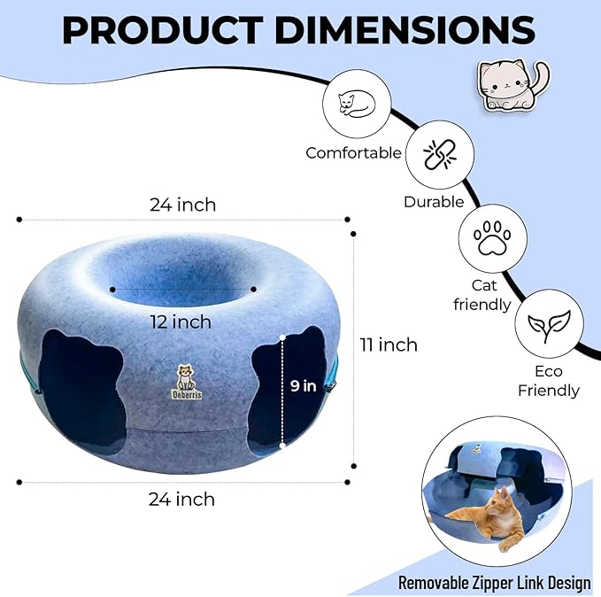 Peekaboo Cat Tunnel Bed-Large, Scratch-Resistant Donut Cave for Indoor Cats Up to 30-45 lbs, Detachable & Washable Design, Perfect Cozy Play & Rest Spot for Cats and Small Dogs (Blue, Large)