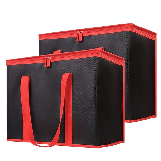 Bodaon 2-Pack Insulated Reusable Grocery Shopping Bags, X-Large Picnic Cooler Bag with Zipper Zippered Top Cold, Black with Red Edge