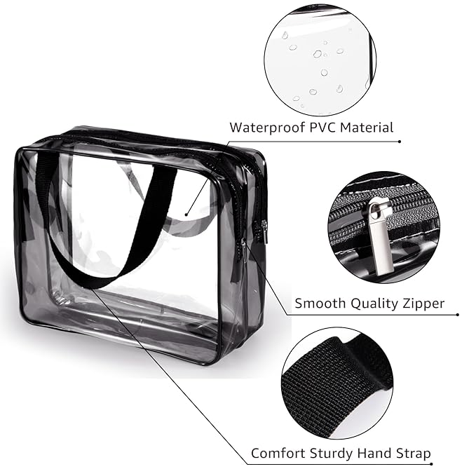 2Pcs Crystal Clear PVC Travel Toiletry Bag Kit for Women Men, Waterproof Vinyl Organizer Clear Makeup Bags with Zipper, Cosmetic Bag Pouch Carry on Airport Airline Compliant Bag Handbag (Double Layer)